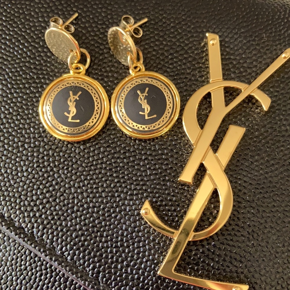 YSL black and gold button dangle earrings